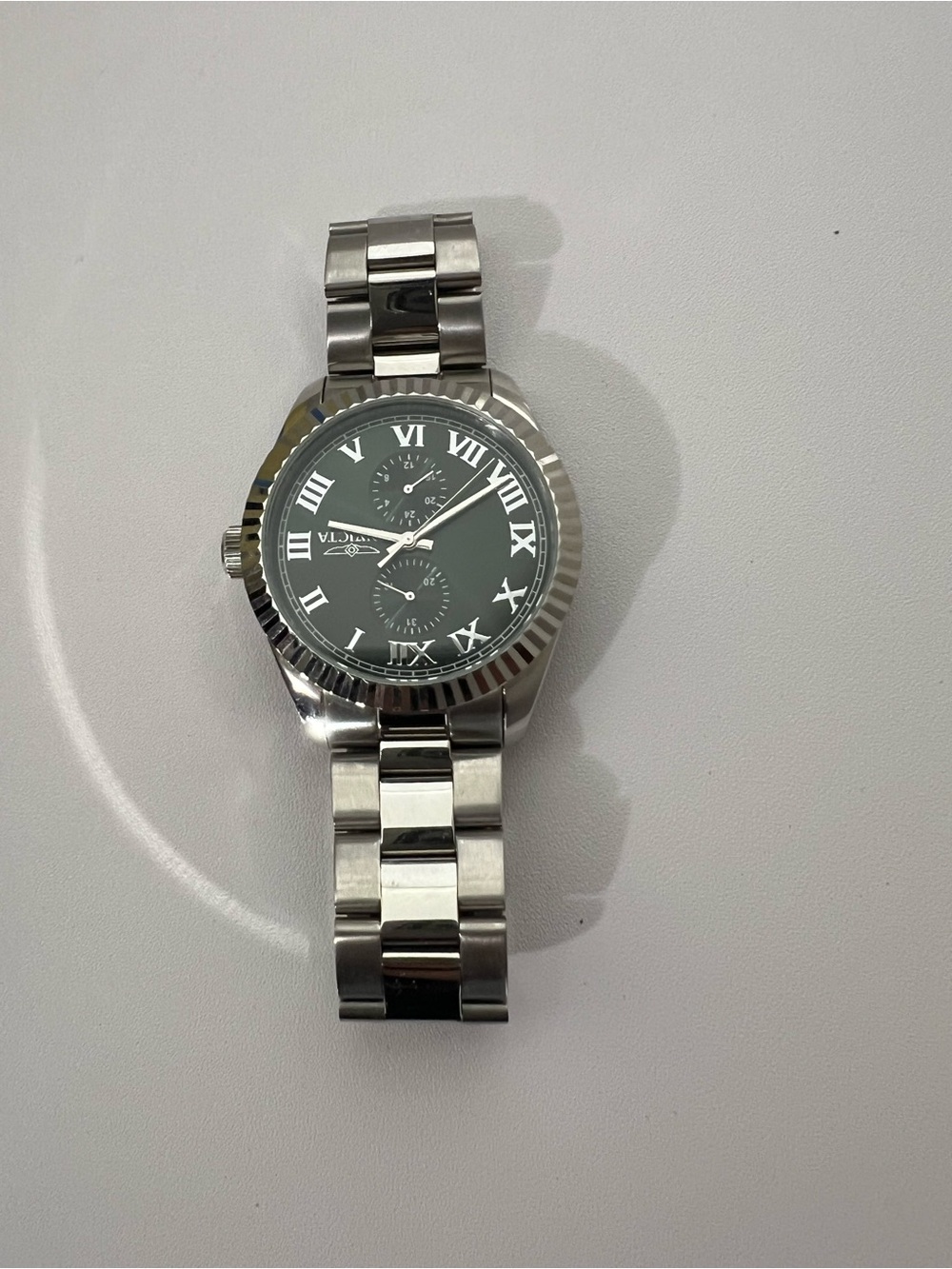 Stainless Steel Men's Roman Numeral Watch - Black Dial